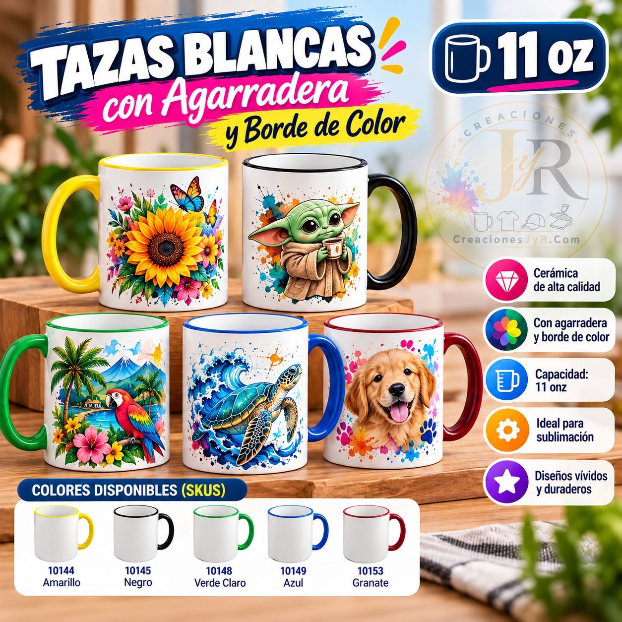 Taza Blanca con Agarradera y Borde de Color 11oz
