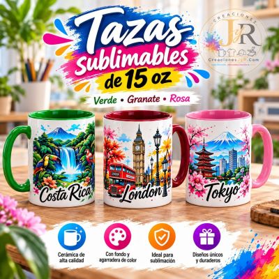 Tazas Blancas con Fondo y Agarradera de Color 15oz